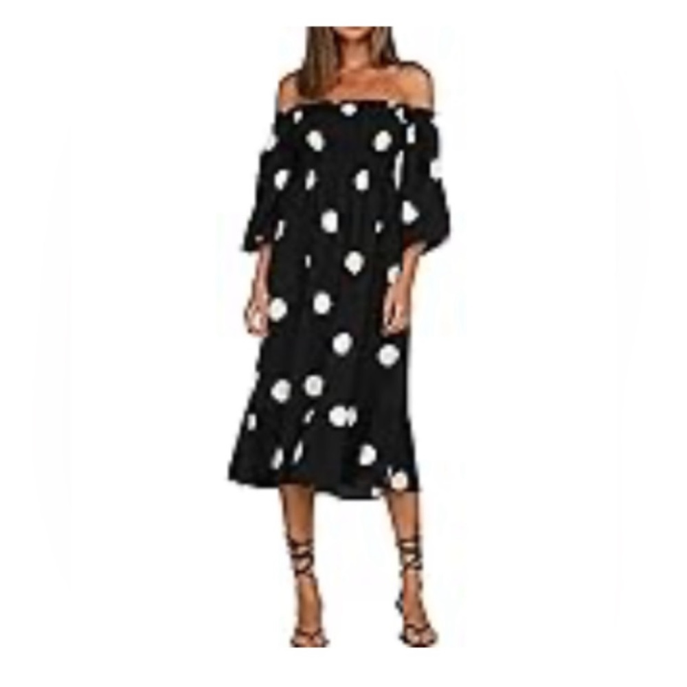 Summer Cotton Puff Sleeves Casual Polka Dots Print Midi Dress size S 4/6